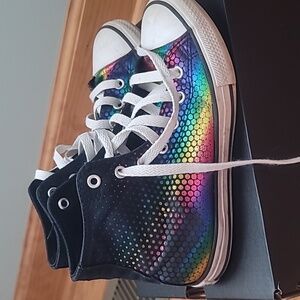 Converse youth size 2 black with metalic rainbow dots hi tops